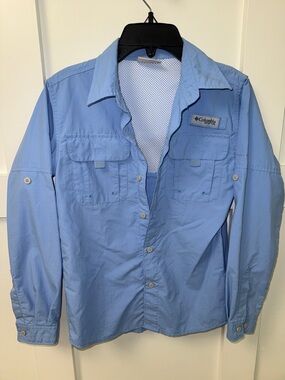 Columbia Pale Blue Long Sleeve Fishing Shirt